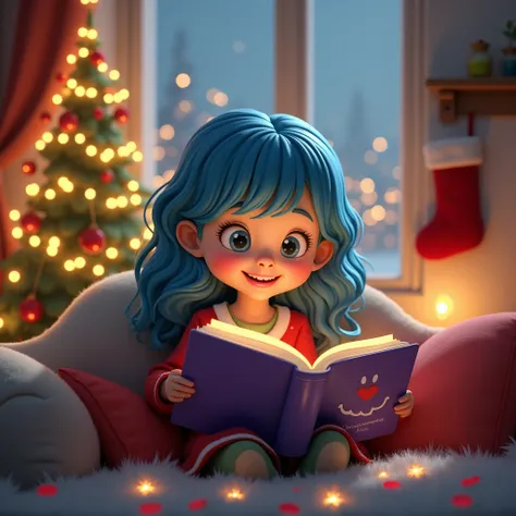 Childrens book characters,  Christmas， Christmas Gift ，Santa hat，A happy seven-year-old girl ,Has wavy hair , (Blue Hair),  wears a red and light green dress， and she was sitting on the couch ，A purple book on her lap ，Christmas tree,flower,Light Particles...