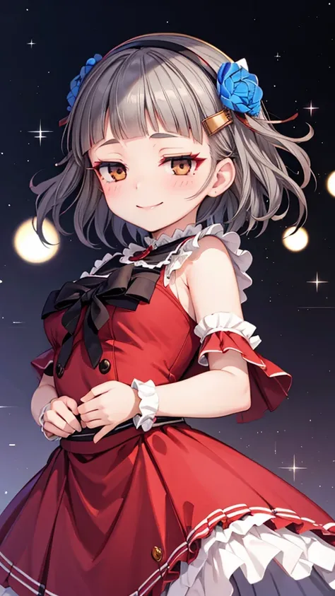 (((solo))), 1 woman, Sakuya Kurobane, sakuyaunif, kurobane_sakuya, (brown eyes), short hair, grey hair, black hairband, blue hair flower, red eyeliner, blush, smile, beautiful chest, medium chest, (upper body), santa claus