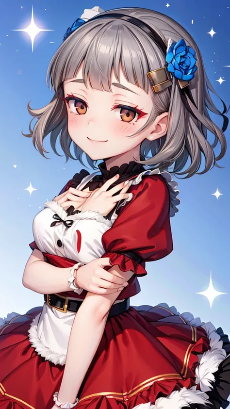 (((solo))), 1 woman, Sakuya Kurobane, sakuyaunif, kurobane_sakuya, (brown eyes), short hair, grey hair, black hairband, blue hair flower, red eyeliner, blush, smile, beautiful chest, medium chest, (upper body), santa claus