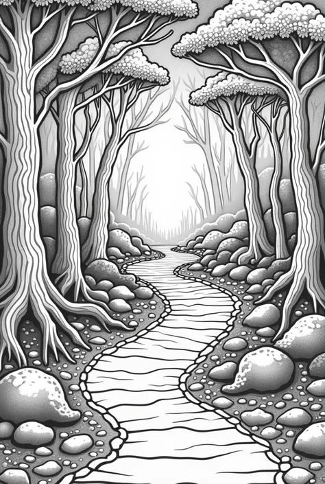 A winding path through an ancient, mossy forest, coloring page for adults, contour, vector, clean line art, white background, detailed, black and white, in the style of kalamkari design, with meticulously detailed and ornate illustrations