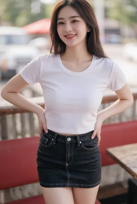  high-res image , Thai Girl ,Chinese face,Beautiful Straight Hair , slender,  medium breasts,  Smiling, seeing white teeth,  wearing a white round neck T-shirt with short sleeves,  Short black pencil denim skirt  , Random pose ,Standing posture, Sexy poses...