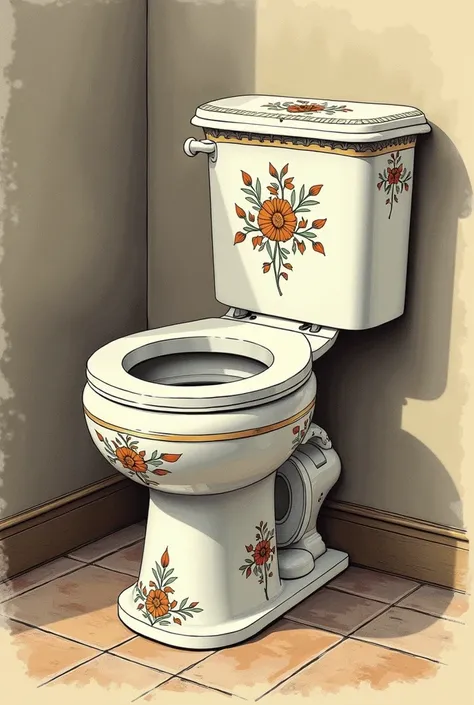 A vintage illustration of a porcelain toilet bowl and tank, with detailed descriptions of its features and dimensions, set against a rustic bathroom . The toilet is depicted in bright daylight , showcasing intricate floral patterns