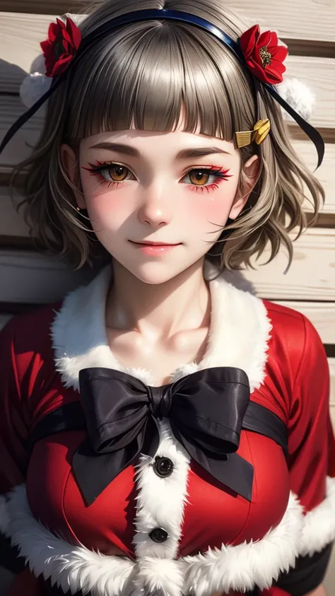 (((solo))), 1 woman, Sakuya Kurobane, sakuyaunif, kurobane_sakuya, (brown eyes), short hair, grey hair, black hairband, blue hair flower, red eyeliner, blush, smile, beautiful chest, medium chest, (upper body), santa claus