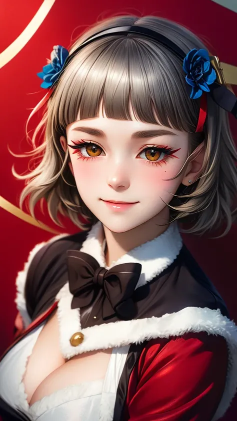 (((solo))), 1 woman, Sakuya Kurobane, sakuyaunif, kurobane_sakuya, (brown eyes), short hair, grey hair, black hairband, blue hair flower, red eyeliner, blush, smile, beautiful chest, medium chest, (upper body), santa claus