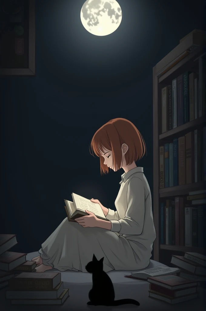  Chestnut girl with short square hair , Who reads by the moonlight .  There is a black and white cat and books next to her 