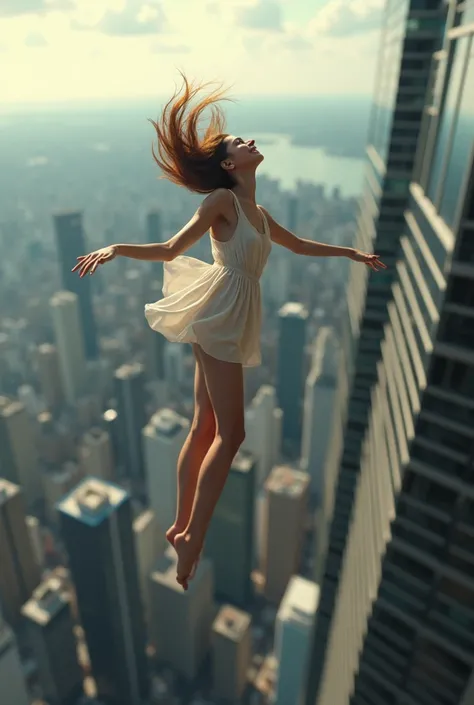 An extremely attractive young woman jumping off the roof of a 200 story tall skyscraper in a major coty. She jumps backwards off the roof,with her back to the ground, and eyes to the camera as we watch her descend down to the ground. She looks peaceful and...