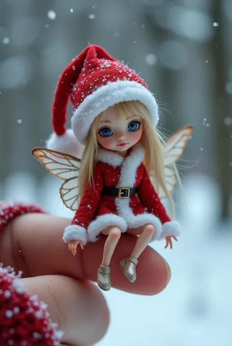 Micro tiny fairy model appearance athletic skinny sexy body in a hat of Santa Claus, sits close-up on the tip of a finger of a womans hand and looks into the camera with blue eyes on the background of a snowy forest.  Best image quality 