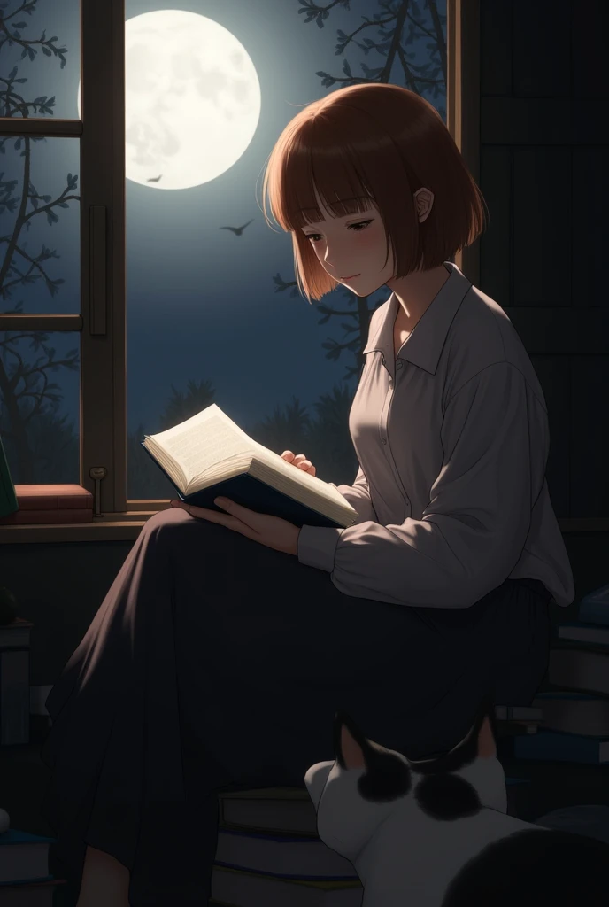  Chestnut girl with short square hair , Who reads by the moonlight .  There is a black and white cat and books next to her 