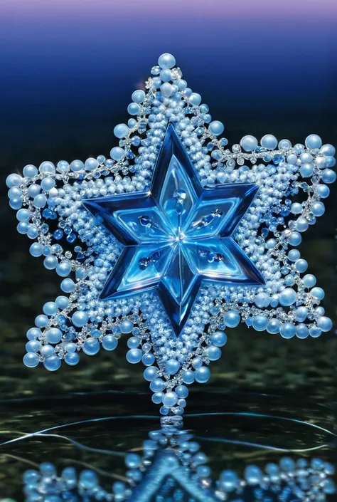  Creates a star-shaped crystal , clear ,  covered with small blue pearls.  The crystal floats in water  