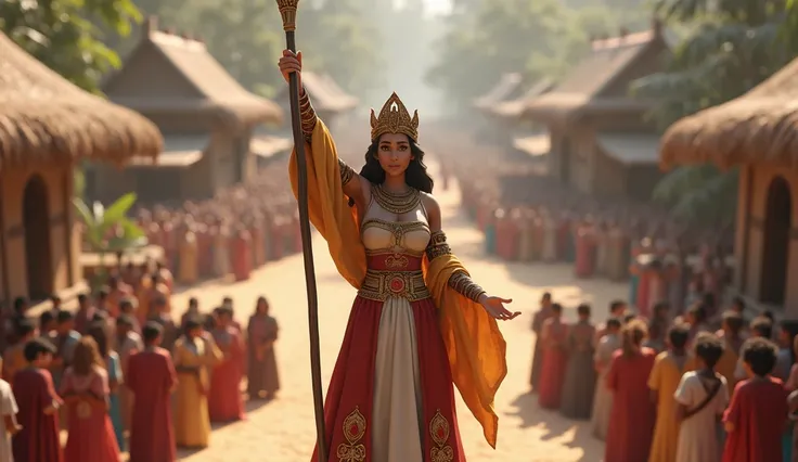 In 3D animation style:The priestess standing in the center of the village, raising her staff in victory, with a faint smile on her face.