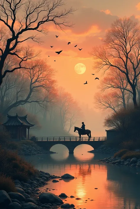 masterpiece, high quality, high resolution,8k, chinese painting ,, Withered vines, aged ((trees)), dusk ((crows)) cawing free,, ((a small bridge)), flowing water, (((a humble dwelling))),  (a horse:1.6),, Westward blows the chilly wind on ((an ancient path...