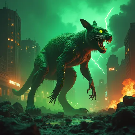 A grotesquely mutated kangaroo,  now unrecognizable after contact with a dangerous biological substance ,  unleashes chaos in an apocalyptic urban landscape .  Its body has grown aberrantly ,  tiger, elongated and covered in pulsating muscles with fluoresc...