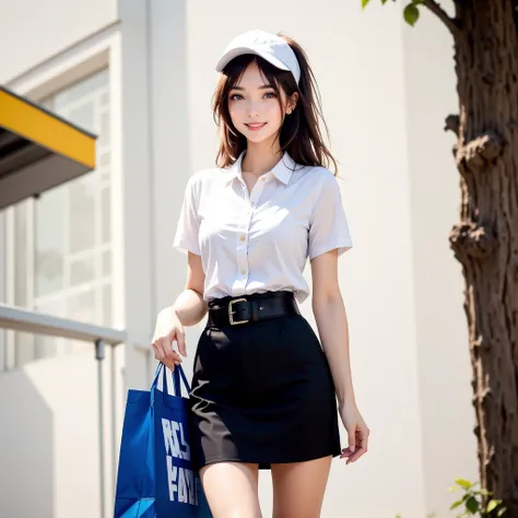 Captured from a high-angle, eye-level perspective, a young Asian-Thai woman confident posture poses with slender waist and a graceful figure. Her hair is styled in a sleek ponytail, wearing  a white baseball cap, A white short-sleeved collared six button-d...