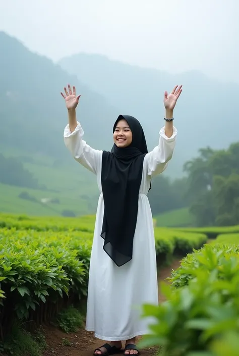  Realistic photo Beautiful smiling girl wearing long black hijab ,  wearing long gamis white color thin material , wearing black leather sandals ,  is breathing fresh air in the middle of a tea plantation while raising both hands up, foggy weather ,  backg...