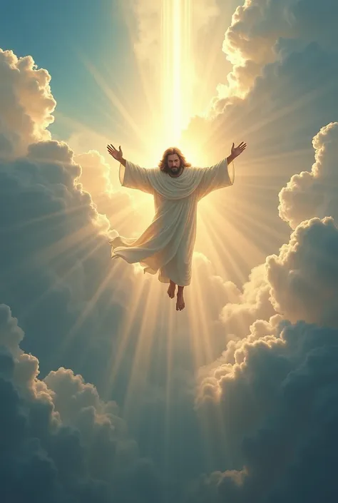 Jesus descending from the sky and the sky is full of clouds