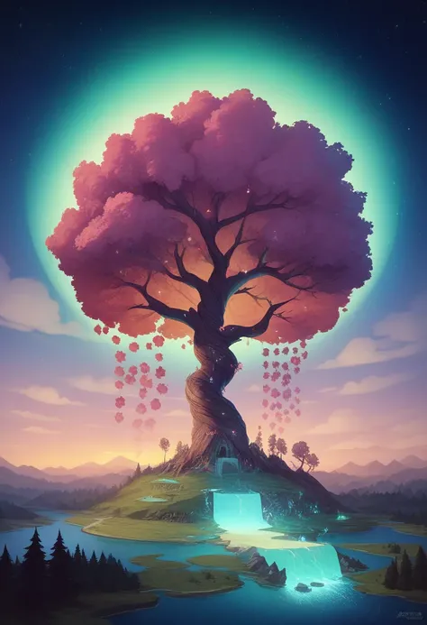 "A hyper-realistic 3D rendering of a majestic ancient tree standing on a small island, surrounded by a mirror-like lake under a vast, star-filled night sky. The trees branches spread wide, glowing with vibrant hues of emerald green, electric blue, fiery cr...