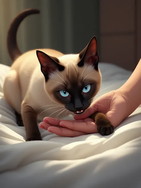 Siamese cat biting the owners hand while she is in bed.