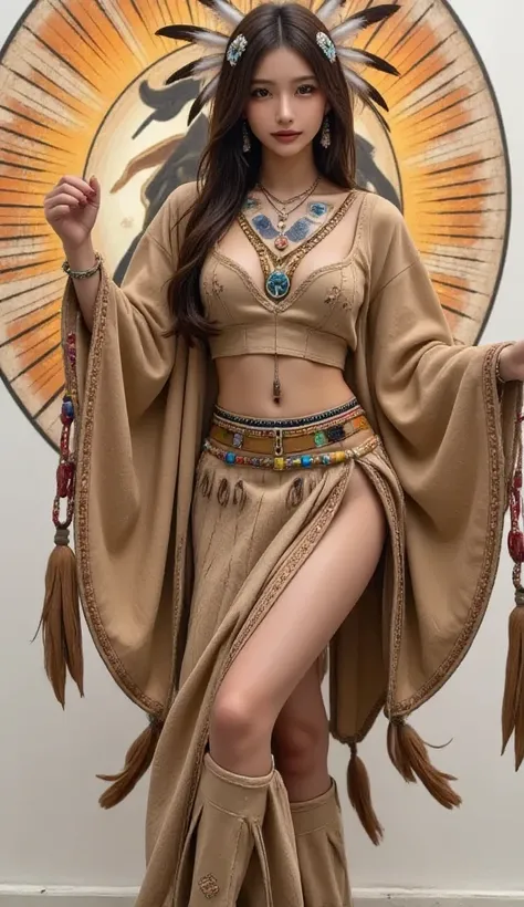  Dancing Poses, Beautiful Native American Woman in a Gorgeous Embroidered Leather Poncho ,  flowing tulle ,  Feather Hair Ornament , War Cap,   tattoo , Brown Skin,  Indian Jewelry ,  Native American Pattern ,  transparent, long and colorful Hubert on her ...