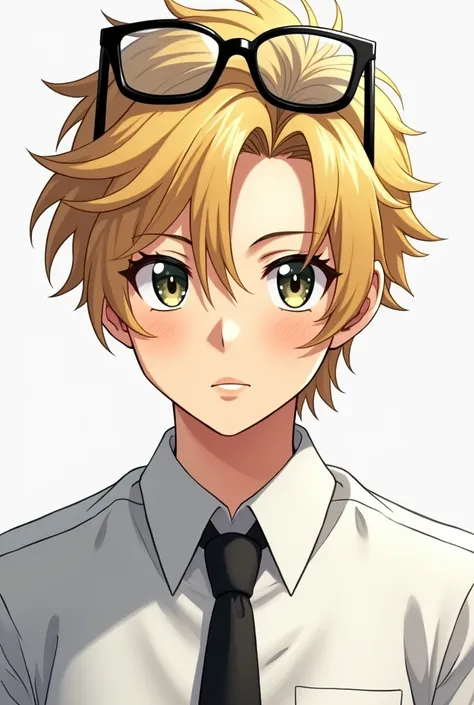 A blonde messy hair Guy with black round glasses on his head with a Hot face and wearing a white Shirt with a black necktie  Anime style