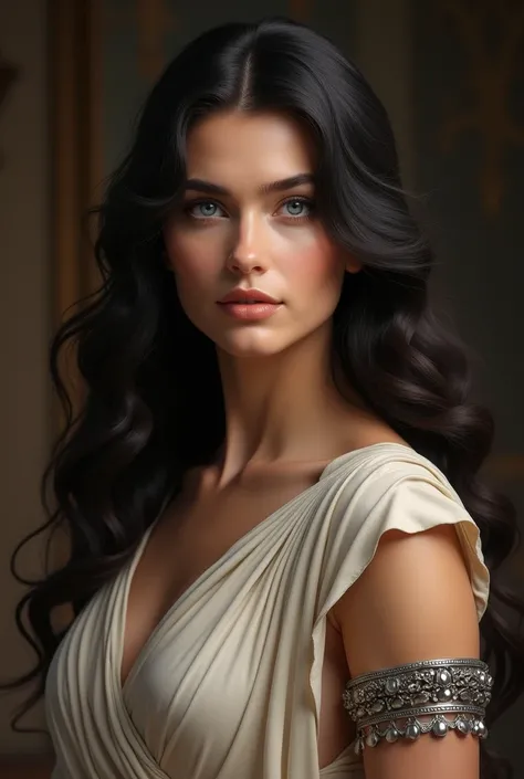 very realistic image of a beautiful Roman lady with dark hair and blue eyes wearing a bracelet in her upper arm