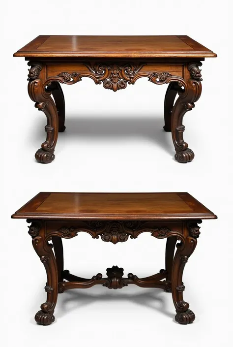 An ornate wooden table with intricate carvings and decorative elements . The table has a rectangular top and is supported by two legs with detailed designs . The image shows two different views of the table, providing a detailed look at its craftsmanship a...