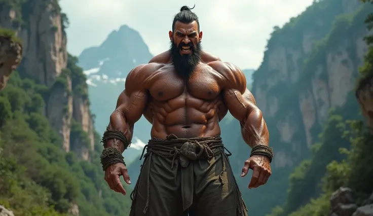 A giant man with six packs, ready to wrestling, mountains and trees behind him, his expressions are angry.