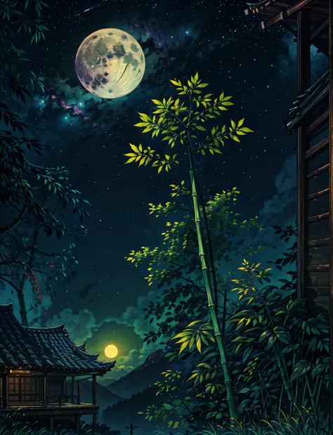 "A full moon glowing behind bamboo leaves, with a smaller planet visible in the starry night sky." 

Generative AI is experimental.

