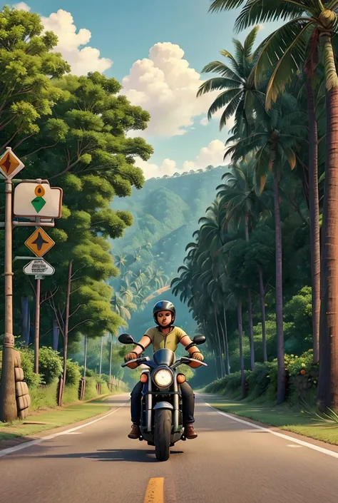 

"Create an image of a famous Malayalam actor riding a sleek motorcycle on a Kerala highway. The setting shows the vibrant greenery of Kerala with coconut trees lining the road. The actor is wearing stylish casual attire and a helmet, looking charismatic....