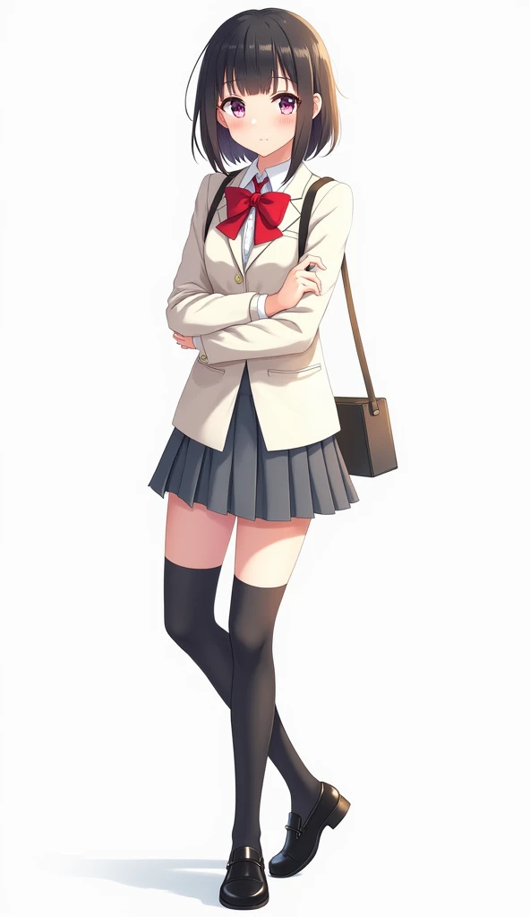 Anime adolescent woman in school dress, blazer with shoulder bag crossed over her shoulder and with red bow and gray skirt and black socks And black leather shoes are touching and white background