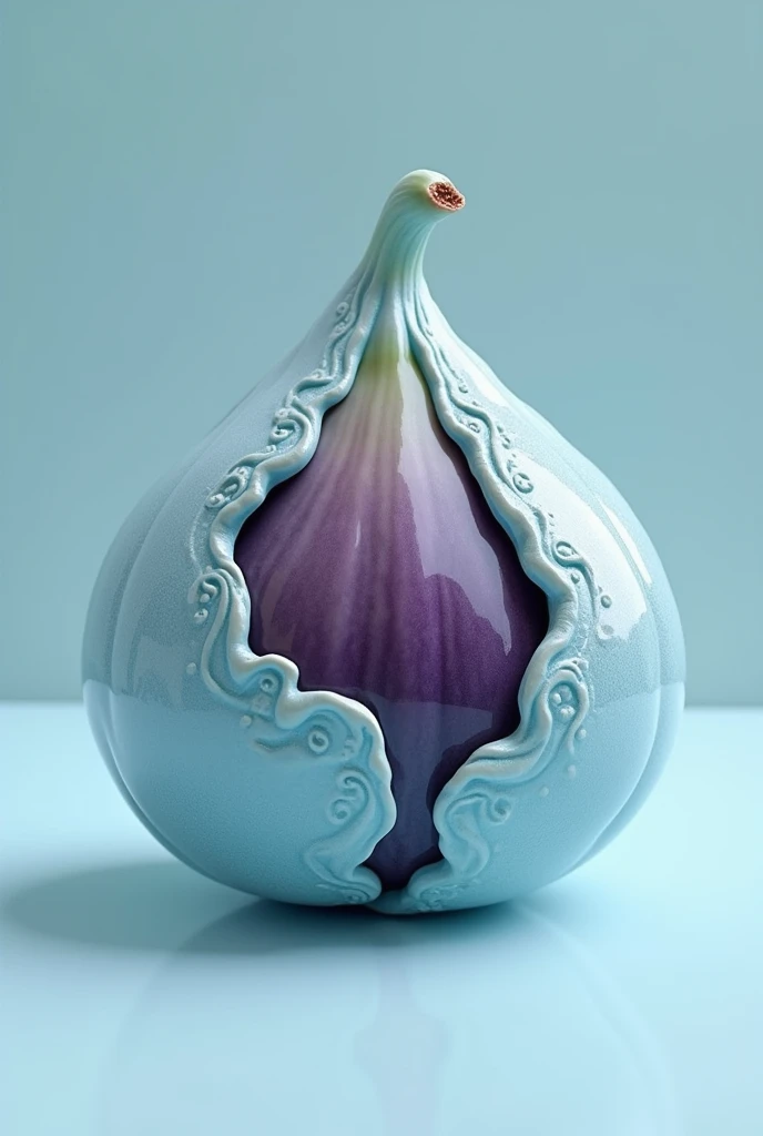 A fig with a pale blue ceramic outer shell is born, with great detail and intricacy.