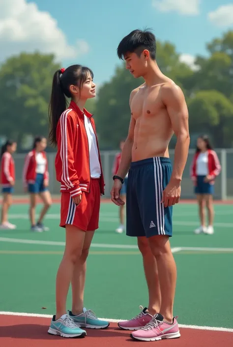  A  girl in a high school tracksuit takes a picture with a 20-year-old Indonesian shirtless male, they are in the school field with many other girls in the back watching them 
