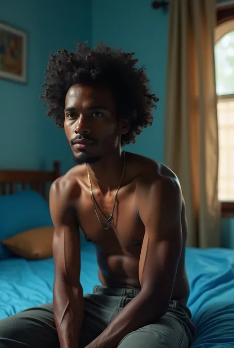 there is a man sitting in a bedroom with a blue bed, a picture inspired by Afewerk Tekle, instagram, hurufiyya, mohamed chahin, atef, riyahd cassiem, around 1 , with brown skin, ismail, taken in the early 2020s, east african man with curly hair, without be...