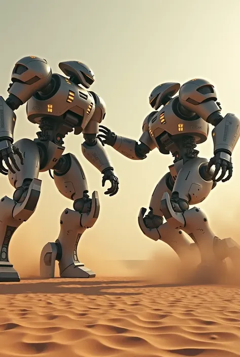 A fight between 2 giant humanoid robots in the desert 