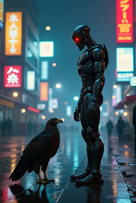  Fantasy atmosphere Modern in vertical 4K quality on a dimly lit urban street at night.  The backdrop features wet pavement reflecting neon light from the surrounding billboards , creates a dark, industrial atmosphere .  A Terminator-style robotic humanoid...