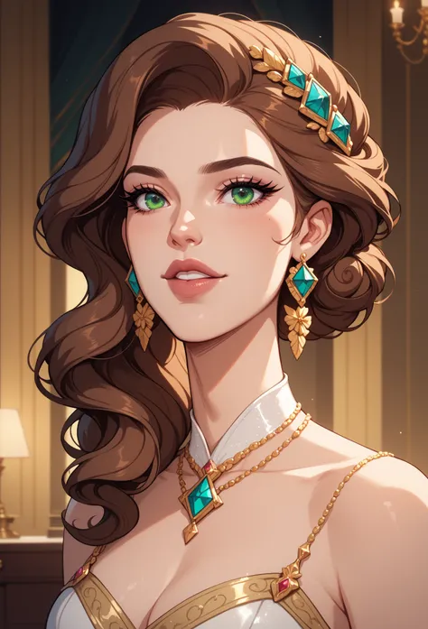  Princess with long and wavy reddish brown hair , bella y elegant,  with expressive brown-green eyes with many eyelashes.  Princess from an island full of culture and gold , elegant