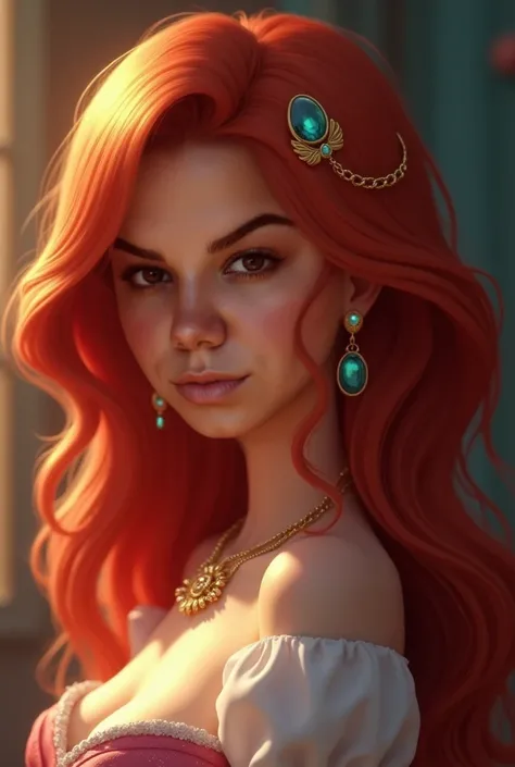 ((Foto RAW),  absurd, ( absurd resolution)),  masterpiece ,  best quality, ( Extremely detailed 8k unit CG wallpaper), ( best illustration), (best shade),  Realistic Lighting ,  detailed and beautiful shine , ((21 years old)), girl,  red hair , Princesa Ja...