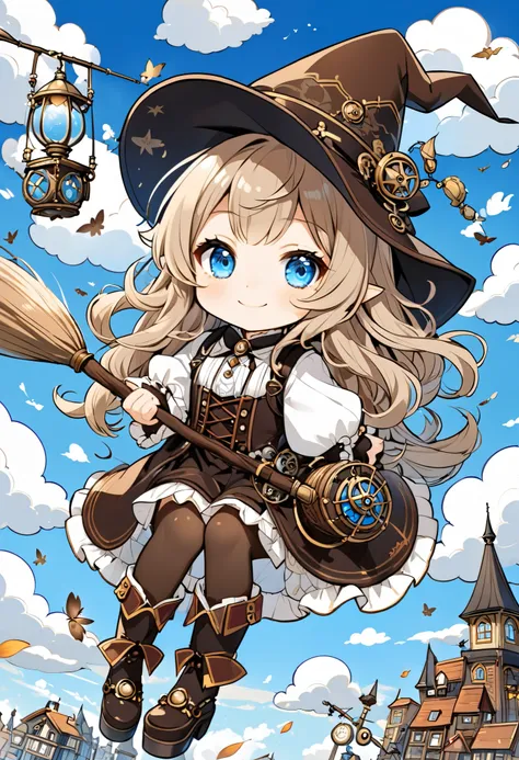  steampunk。 one woman。A very young witch 。Chibi。 long, light brown fluffy hair。smile。( flies on a broom )。 The background is blue sky and white clouds 。