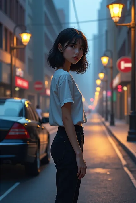 A real girl stand on a street light road with his black car looking side and wear white shirt black pant 