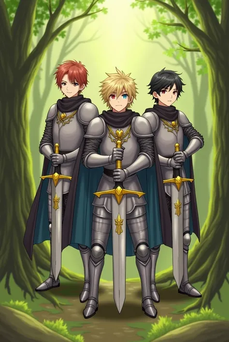 3boys, armor, arthur pendragon (fate), black hair, blonde hair, blue eyes, brown hair, cape, forest, gauntlets, gawain (fate), gloves, hair between eyes, holding, holding sword, holding weapon, knight, looking at viewer, male focus, multicolored hair, mult...