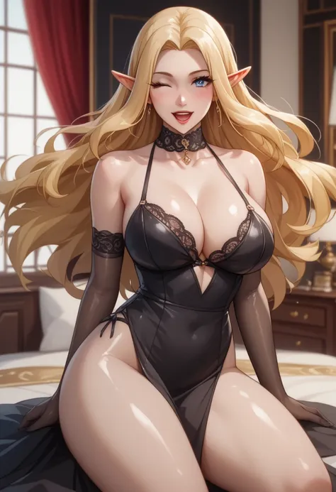 Score_9, Score_8_up, Score_7_up, Score_6_up, Score_5_up, Score_4_up, perfect eyes、 perfectly sexy face、 ultra detailed lingerie top、ultra perfect eyes、Alpha、The eminence in shadow、 long hair、elf ears、 blond hair、 golden hair, blue eyes、 red lips 、white ski...