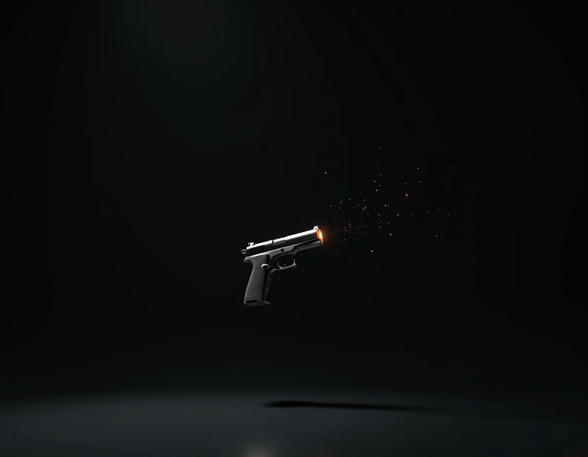 Black background with a gun shooting itself no one holding it