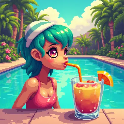 A pixelated character sipping tropical juice next to a bright blue pool.