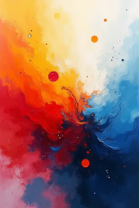 An abstract explosion of colors blending in fluid motion, with vibrant tones of red, blue, yellow, and white forming swirling patterns. The composition feels dynamic and chaotic, yet harmonious, resembling a mixture of oil painting and digital art with a m...