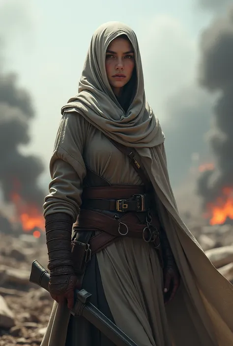 A female warrior wearing a hijab and white skin in the middle of a war 