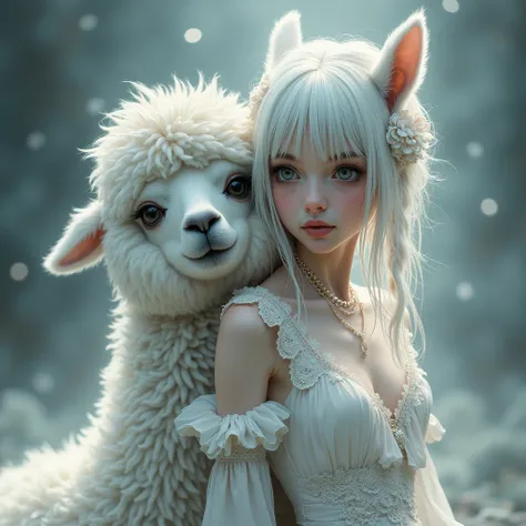 A whimsical, delicate woman with messy white hair, adorned with a messy braid and bangs, wearing intricate white gothic clothing with lace details, leans her back against a friendly, gentle alpaca, in a surreal, dreamlike setting. Soft, focused grey silver...