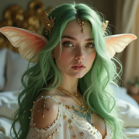 Elf girl , really beautiful and gorgeous, yellow eyes, wedding dress made out of gold crystal ,absurdle long hair, hair covering her one eye, really beautiful body , background inside crystal castle, focus on the character, 8k, hd, green hair, really attra...