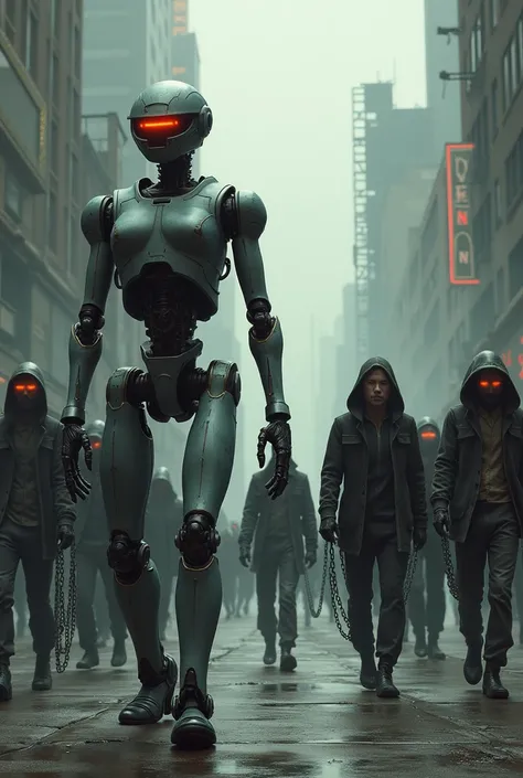 robots lead chained men down a city street.