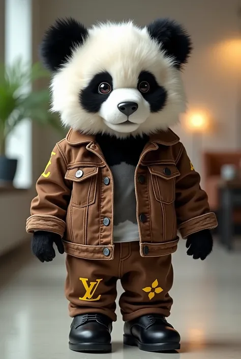  A furry cute black and white panda ， Wear a brown shabby denim jacket with a yellow LV pattern print，Wear brown broken hole denim jeans with a yellow LV pattern ，Wearing black leather board shoes ， The background is a simple modern office ，Realistic and c...