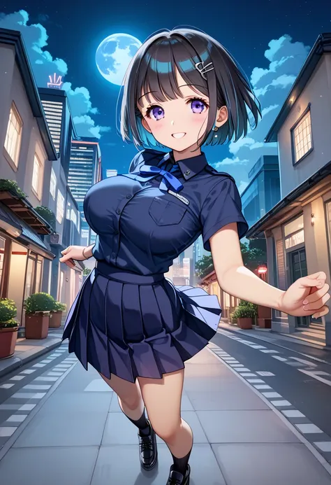 Prompt:girl,(short hair),(highlight:1.5),(best quality:1.5),standing,((night moon:1.5)),((tokyo building shinjuku:1.5)),((navy blue dress up shirt:1.5)),((navy blue ribbon with pleated one-piece skirt:1.5)),((black booties:1.5)),(slim:1.5)),(soft focus),pa...