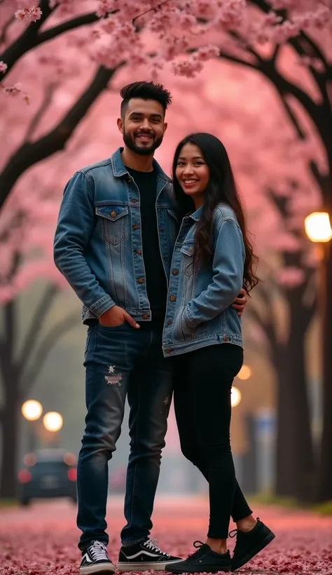 A handsome handsome handsome tattooed hunk wearing a denim jacket jeans sports shoes standing with a beautiful Indonesian woman with long flowing hair smiling beautifully at night Professional living cherry blossom tree and falling leaves, 4k, HD, UHD, 8K,...